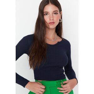 Trendyol Navy Blue Sleeve Cuffs V Detail Corduroy Knitted Blouse