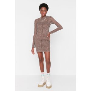 Trendyol Brown Stand-Up Collar Tulle Knitted Dress