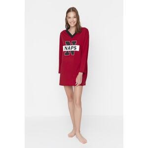 Trendyol Burgundy Knitted Nightgown with Motto Print