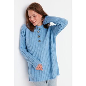 Trendyol Blue Buttoned Corduroy Knitwear Sweater
