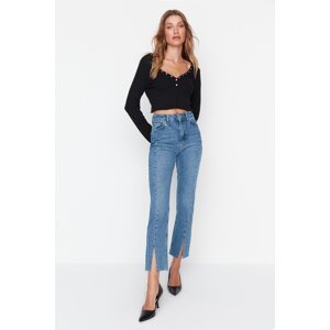 Trendyol Blue High Waist Straight Jeans with Stitching Detailed and Slits