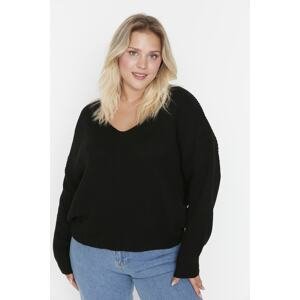 Trendyol Curve Black V-Neck Off Shoulder Knitwear Sweater