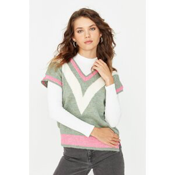 Trendyol Mint Color Block V-Neck Knitwear Sweater