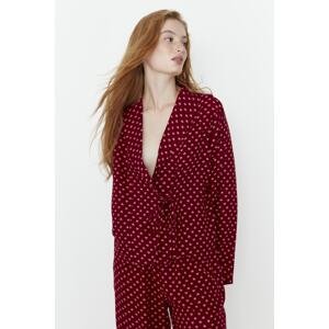 Trendyol Burgundy Heart Patterned Tie Detailed Shirt-Pants Woven Pajamas Set