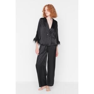 Trendyol Black Feather Detailed Satin Shirt-Pants Woven Pajamas Set