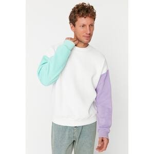 Trendyol Men's Ecru Oversize Fit Long Sleeve Crew Neck Paneled Sweatshirt
