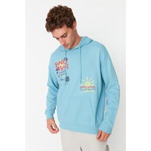 Trendyol Blue Men's Oversize/Wide-Cut Hoodie Printed Sweatshirt