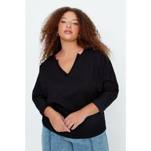 Trendyol Curve Black V-Neck Pleat Detail Knitted Thin Sweatshirt.