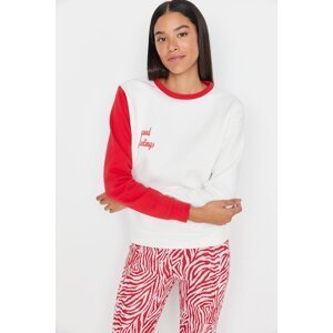 Trendyol Ecru Color Block Embroidery Basic Thin Fleece Knitted Sweatshirt