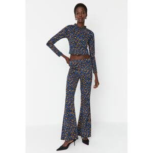 Trendyol Navy Blue Patterned Flare/Flare-Down Leg High Waist Knitted Pants