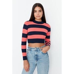 Trendyol Navy Blue Crop Cotton Striped Knitwear Sweater