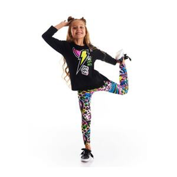 Mushi Winged Thunderbolt Girl's Black T-shirt, Leopard Patterned Leggings Set.