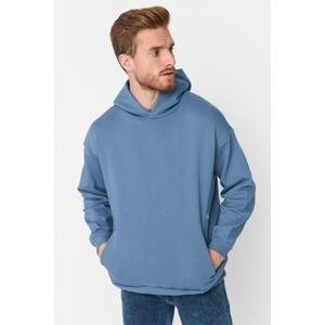 Trendyol Blue Men's Oversize Fit Hooded Thick Sweatshirt with Embroidery Detail.