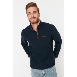 Trendyol Navy Blue Men's Regular Fit Zippered Standing Collar Long Sleeved Thick Sweatshirt with Embroidered Tag Appliqués.