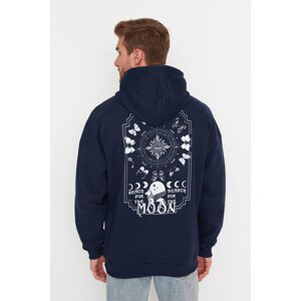 Trendyol Navy Blue Men's Oversize Hoodie. Space Printed Cotton Sweatshirt with a Soft Pile Interior