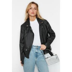 Trendyol Black Belt Detailed Imitation Leather Biker Jacket Coat