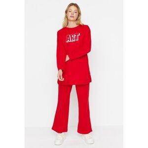 Trendyol Red Slogan Printed Knitted Tracksuit Set with Soft Pillows