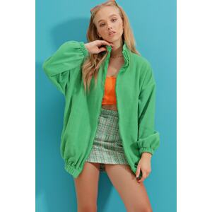 Trend Alaçatı Stili Women's Green Stand Up Collar Zippered Fleece Sweatshirt