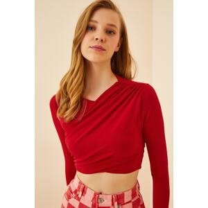 Happiness İstanbul Women's Vibrant Red Pleated Crop Knitted Blouse
