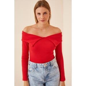 Happiness İstanbul Women's Red Carmen Collar Corduroy Knitted Blouse