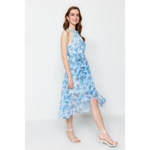 Trendyol Blue Belted Midi Woven Lined Flounce Floral Woven Dress