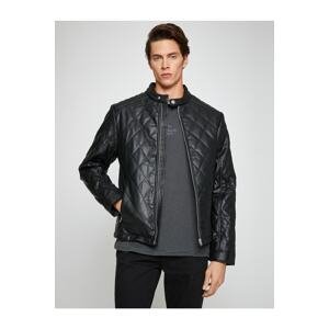 Koton Leather Look Jacket Bomber Collar Quilted Pocket Detailed Waterproof
