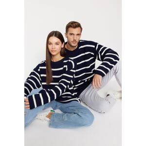 Trendyol Navy Blue Unisex Oversize Fit Wide Fit Crew Neck Striped Knitwear Sweater