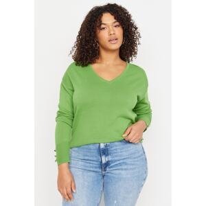Trendyol Curve Oil Green V-Neck Button Detailed Knitwear Sweater