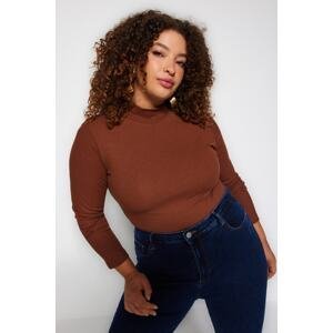 Trendyol Curve Brown Stand-Up Collar Straight Bodycone Camisole Knitted Plus Size Blouse