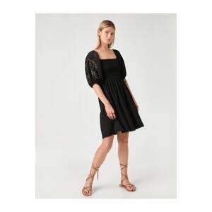 Koton Short Dress With Embroidered Detail Square Collar Satin-Look.