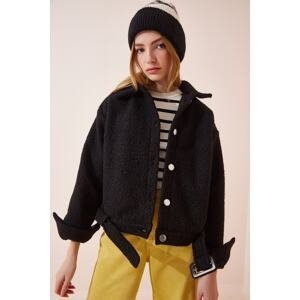 Happiness İstanbul Women's Black Wool-Mixed Boucle Coat