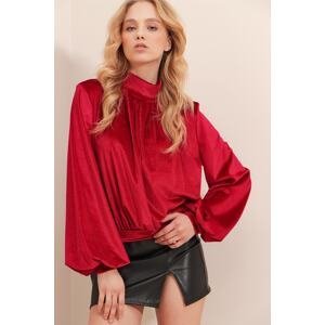 Trend Alaçatı Stili Women's Red New Year's Special High Collar Front Gathering Detailed Velvet Blouse