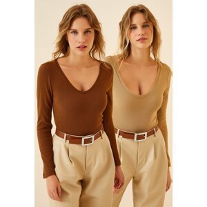 Happiness İstanbul Women's Brown Biscuit V Neck 2-Pack Knitted Blouse