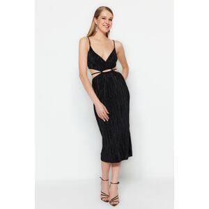 Trendyol Black Waist Opening/Skater Knitted Window/Cut Out Detailed Piping Evening Dress