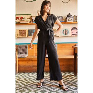 Olalook Women's Black Belted Wide Leg, Woven Bodrum Overalls