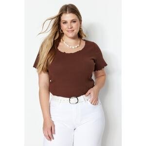 Trendyol Curve Brown Ribbed U-Neck Knitted T-Shirt