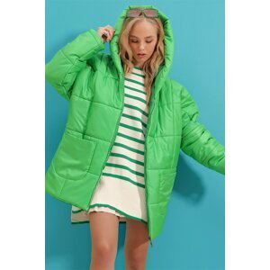 Trend Alaçatı Stili Women's Green Hoodie With Exterior Pocket Puffer Fashion Oversize Puffy Coat