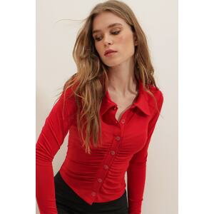 Trend Alaçatı Stili Women's Red Sandy Fabric Shirt with Pleated Front