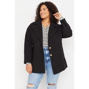 Trendyol Curve Black Button Detailed Wide Cut Stamp Woven Coat