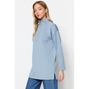 Trendyol Blue Zipper Detailed Diver/Scuba Plain Knitted Sweatshirt