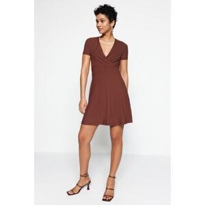 Trendyol Brown Double Breasted Collar Mini Stretchy Knitted Dress