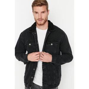 Trendyol Men's Black Regular Fit Denim Jacket with Shearling Collar.