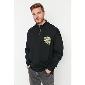 Trendyol Men's Black Oversized Zippered Text Printed Sweatshirt with a Soft Pile Inside Cotton