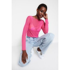 Trendyol Pink Stitching Detail Fitted/Simple Crew Neck Crop Tulle Stretch Knitted Blouse