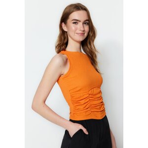 Trendyol Orange Shirring Detail Crispy Crop, Knitted Blouse