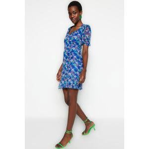 Trendyol Blue Patterned A-Line Mini Tulle Knitted Dress With Low-Cut Back