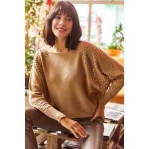 Olalook Women's Camel Openwork Batwing Oversize Knitwear Sweater