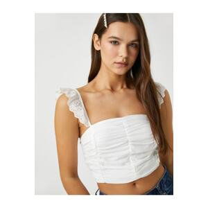 Koton Crop Top Embroidered Ruffled Straps Detailed Pleated Square Collar