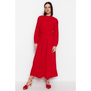 Trendyol Red Belted Shirring Detail Wide Fit Woven Dress