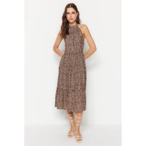 Trendyol Brown Flounce Midi Woven Animal Patterned Woven Dress